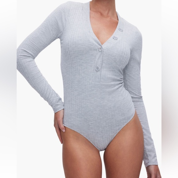 XL Good American Ribbed Long sleeve Bodysuit Women's Gray Rib top button up grey - Picture 1 of 15